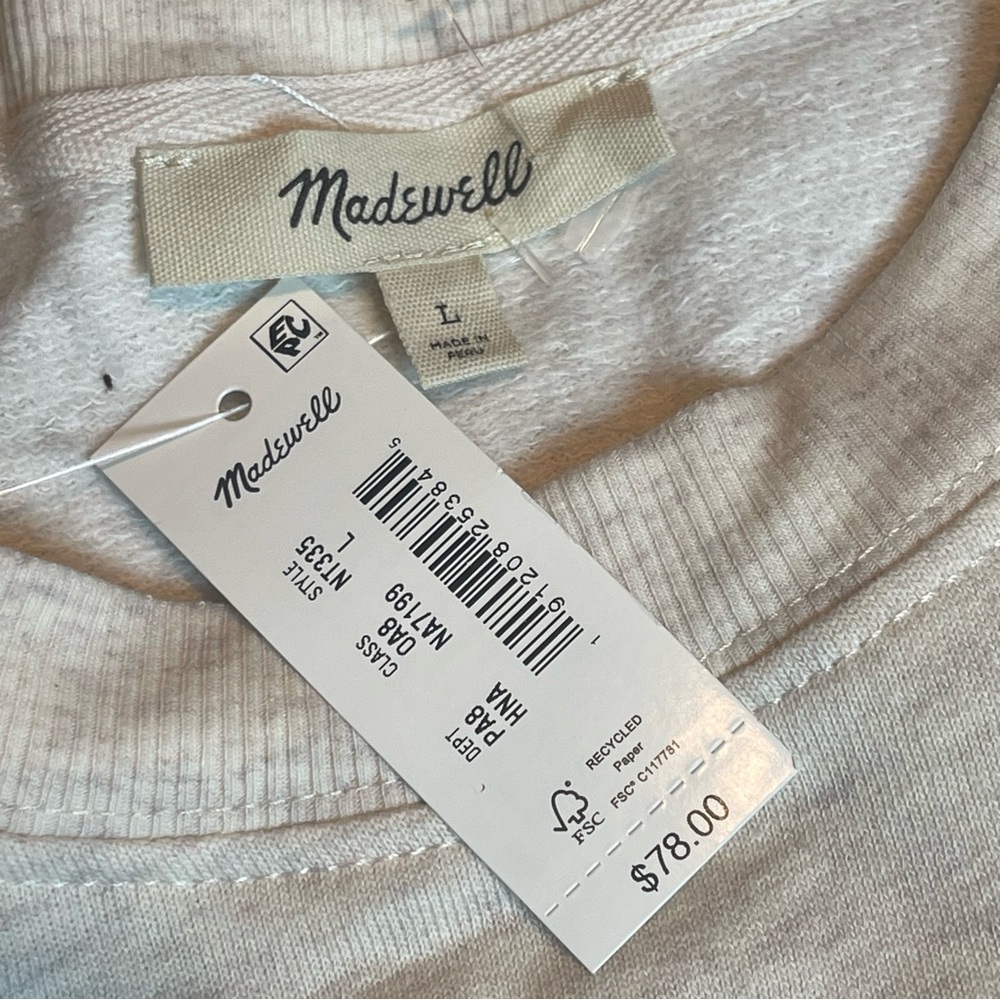 Madewell Puff-Sleeve Sweatshirt Tee Heather Natural Sz L Minimalist Chic lounge - Picture 4 of 8